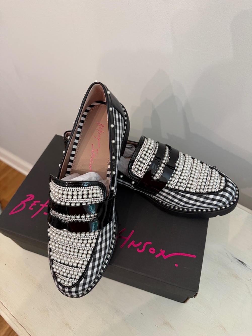 Betsey Johnson Black & White Gingham Pearl-Embellished Loafers